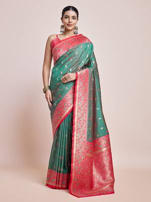 Green Banarasi Satin silk blend Zari Woven Saree 1