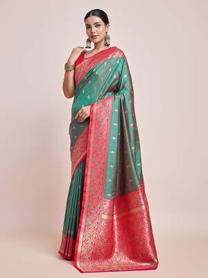 Green Banarasi Satin silk blend Zari Woven Saree 2