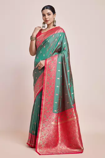 Green Banarasi Satin silk blend Zari Woven Saree