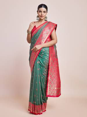 Green Banarasi Satin silk blend Zari Woven Saree 3