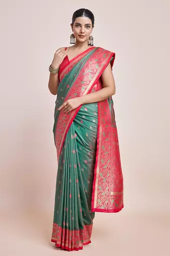 Green Banarasi Satin silk blend Zari Woven Saree