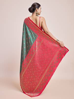 Green Banarasi Satin silk blend Zari Woven Saree 4