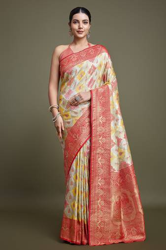 Glamour And Tradition With This Zari Woven Red And Cream Banarasi silk blend Saree