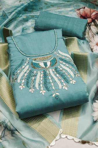 Sea green color hand work roman silk unstitched dress material