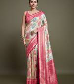 Pink And Cream Banarasi silk blend Saree With Intricate Zari Work