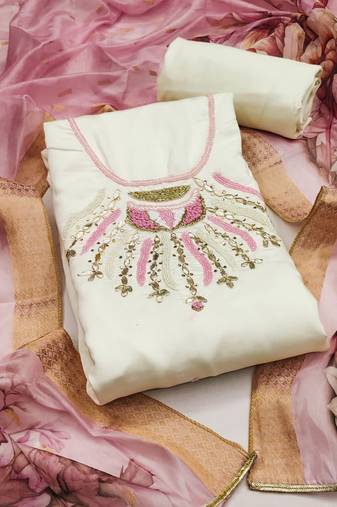 White color hand work roman silk unstitched dress material
