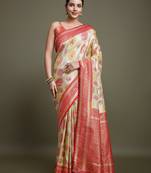 Red And Cream Banarasi silk blend Saree With Intricate Zari Work