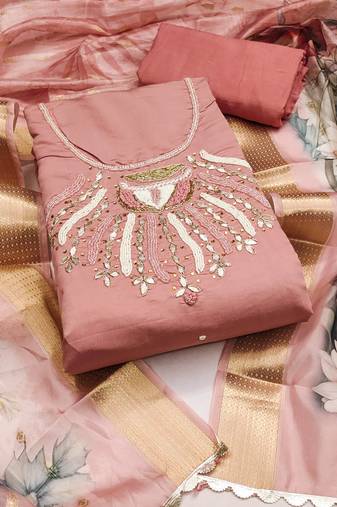 Peach color hand work roman silk unstitched dress material