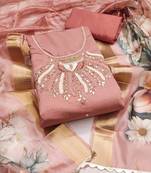 Peach color hand work roman silk unstitched dress material