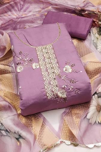 Purple color hand work roman silk unstitched dress material
