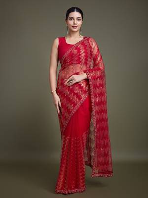 Red Sequins Work Net Saree Comes With Unstitched Blouse Piece 1