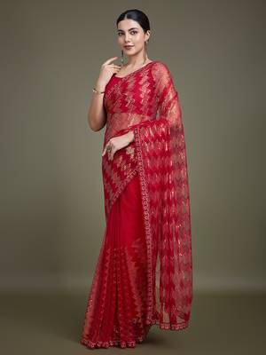 Red Sequins Work Net Saree Comes With Unstitched Blouse Piece 2