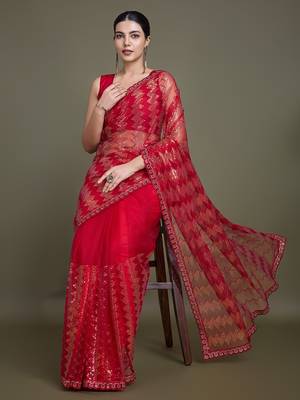 Red Sequins Work Net Saree Comes With Unstitched Blouse Piece 3