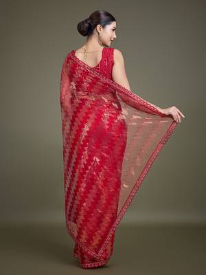 Red Sequins Work Net Saree Comes With Unstitched Blouse Piece 4