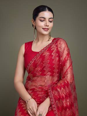 Red Sequins Work Net Saree Comes With Unstitched Blouse Piece 5