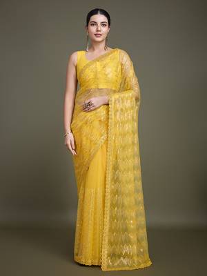 Yellow Sequins Work Net Saree Comes With Unstitched Blouse Piece 1