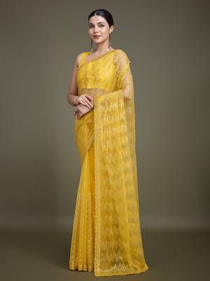 Yellow Sequins Work Net Saree Comes With Unstitched Blouse Piece 2