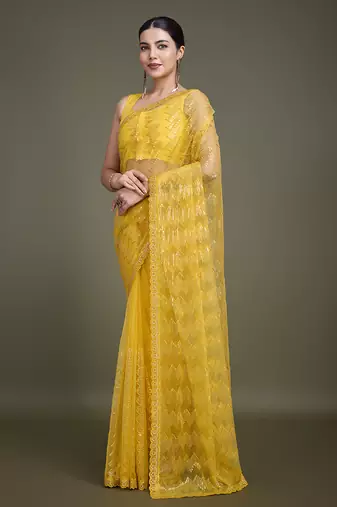 Yellow Sequins Work Net Saree Comes With Unstitched Blouse Piece