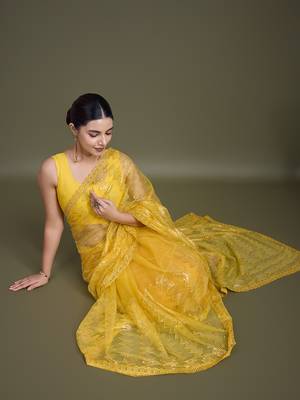 Yellow Sequins Work Net Saree Comes With Unstitched Blouse Piece 3