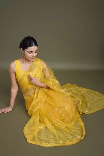 Yellow Sequins Work Net Saree Comes With Unstitched Blouse Piece