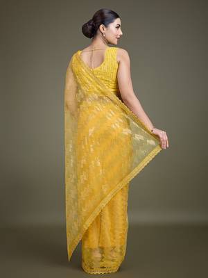Yellow Sequins Work Net Saree Comes With Unstitched Blouse Piece 4