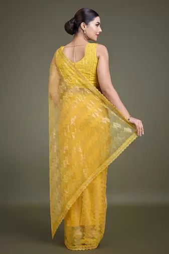 Yellow Sequins Work Net Saree Comes With Unstitched Blouse Piece