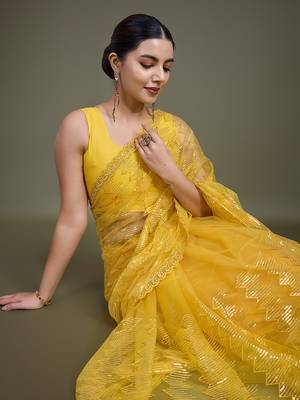 Yellow Sequins Work Net Saree Comes With Unstitched Blouse Piece 5
