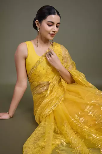 Yellow Sequins Work Net Saree Comes With Unstitched Blouse Piece