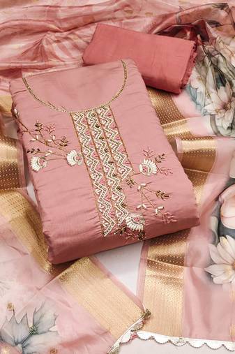 Peach color hand work roman silk unstitched dress material