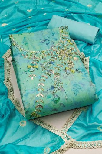 Sea green color hand work cembric cotton unstitched dress material