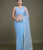Glamorous Women'S Sky Blue Sequin Work Soft Net Saree With Unstitched Blouse Piece