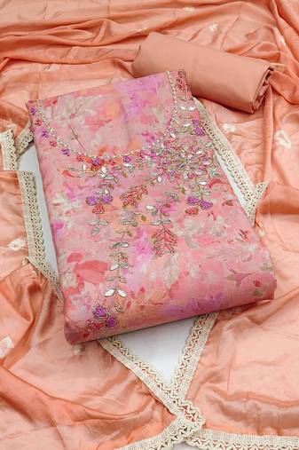 Pink color hand work cembric cotton unstitched dress material