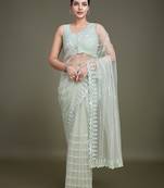 Glamorous Women'S Light Green Sequin Work Soft Net Saree With Unstitched Blouse Piece