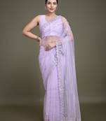 Glamorous Women'S Lavender Sequin Work Soft Net Saree With Unstitched Blouse Piece