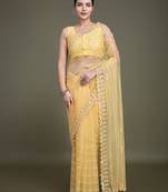 Glamorous Women'S Yellow Sequin Work Soft Net Saree With Unstitched Blouse Piece