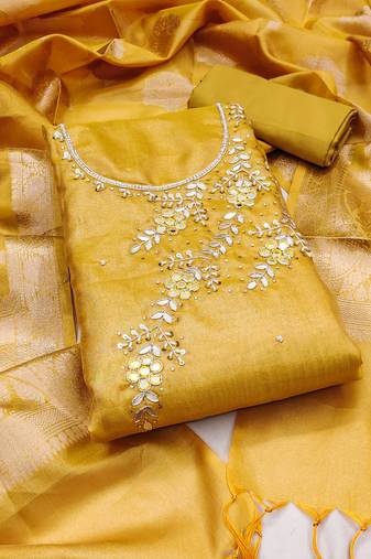 Yellow color hand work viscose unstitched dress material