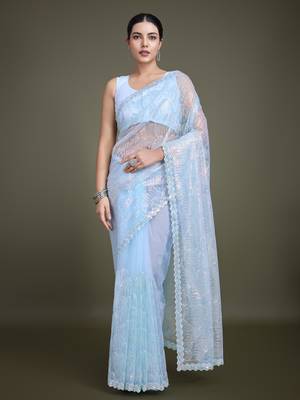 Light Sky Blue Sequin Work Net Saree With Unstitched Blouse Piece 1