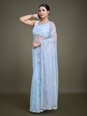 Light Sky Blue Sequin Work Net Saree With Unstitched Blouse Piece 2