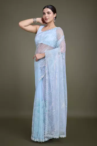 Light Sky Blue Sequin Work Net Saree With Unstitched Blouse Piece