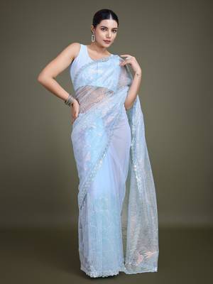 Light Sky Blue Sequin Work Net Saree With Unstitched Blouse Piece 3