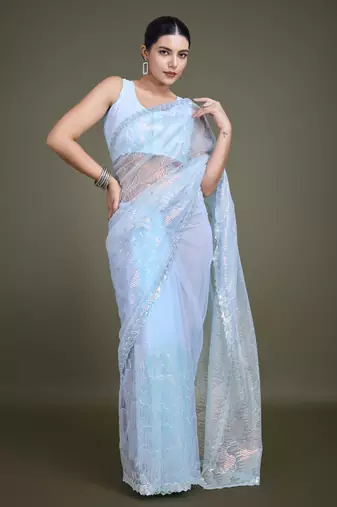 Light Sky Blue Sequin Work Net Saree With Unstitched Blouse Piece