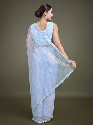Light Sky Blue Sequin Work Net Saree With Unstitched Blouse Piece 4