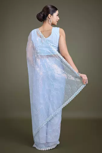 Light Sky Blue Sequin Work Net Saree With Unstitched Blouse Piece
