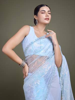 Light Sky Blue Sequin Work Net Saree With Unstitched Blouse Piece 5