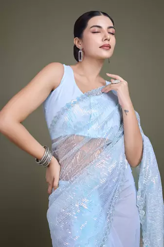 Light Sky Blue Sequin Work Net Saree With Unstitched Blouse Piece