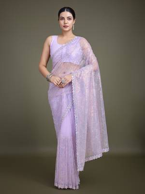 Lavender Sequin Work Net Saree With Unstitched Blouse Piece 1