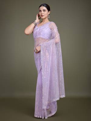 Lavender Sequin Work Net Saree With Unstitched Blouse Piece 2