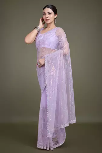 Lavender Sequin Work Net Saree With Unstitched Blouse Piece