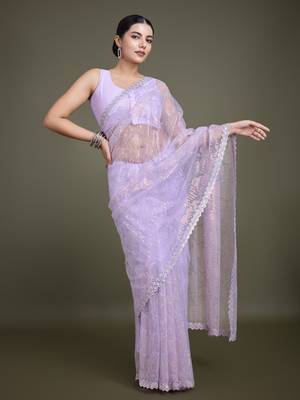 Lavender Sequin Work Net Saree With Unstitched Blouse Piece 3