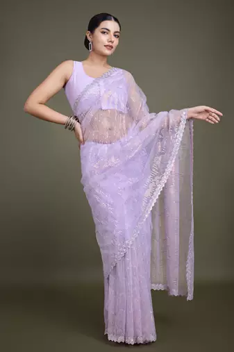 Lavender Sequin Work Net Saree With Unstitched Blouse Piece